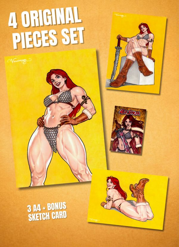 Image for Red Sonja Original Art Set – 3x A4 Illustrations + Bonus Sketch Card – Unique Collection