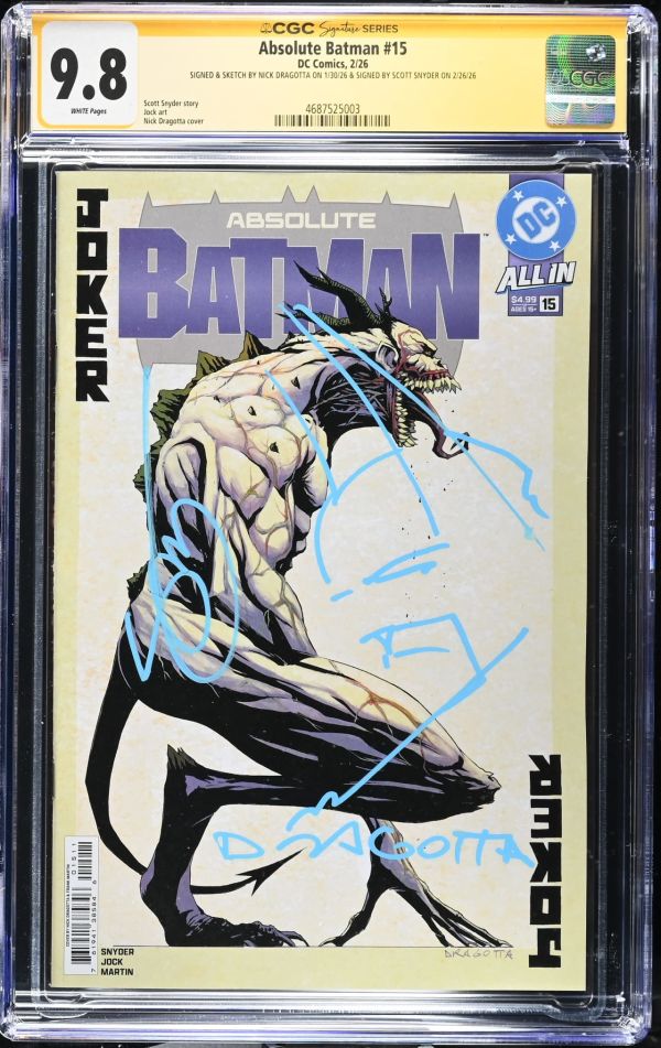 Image for Absolute Batman #15 CGC 9.8 Signed by Scott Snyder & Remarqued & Signed by Nick Dragotta