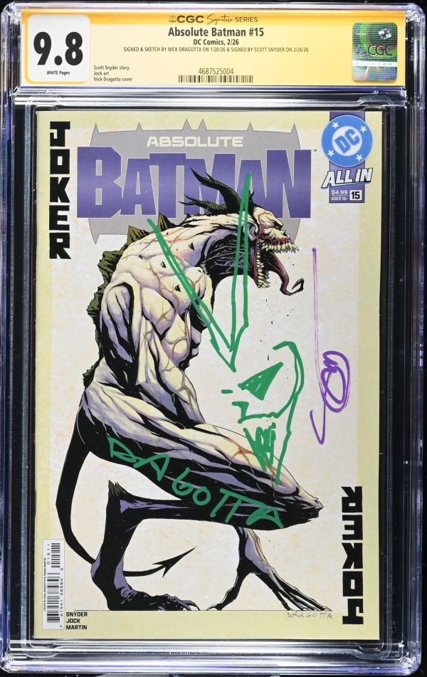 Image for Absolute Batman #15 CGC 9.8 Signed by Scott Snyder & Remarqued & Signed by Nick Dragotta