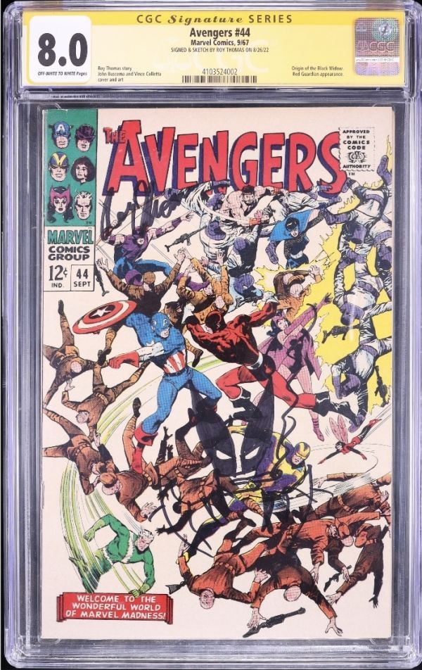 Image for Avengers #44 CGC 8.0 Signed & Sketched by Roy Thomas