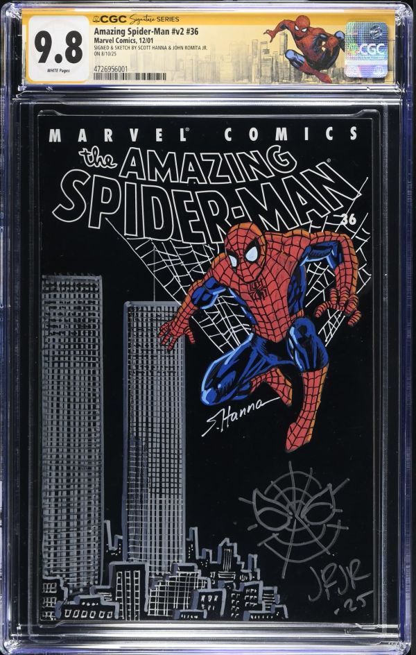 Image for Amazing Spider-Man #v2 #36 | CGC 9.8 | Signature SeriesCGC Signature Series witnessed the Scott Hanna signing on 8/10/25.CGC Signature Series witnessed the John Romita Jr. signing on 8/10/25.SIGNED & SKETCH BY SCOTT HANNA & JOHN ROMITA JR.ON 8/10/25Amazing Spider-Man #4779/11 World Trade Center story.J. Michael Straczynski storyJohn Romita Jr. & Scott Hanna art