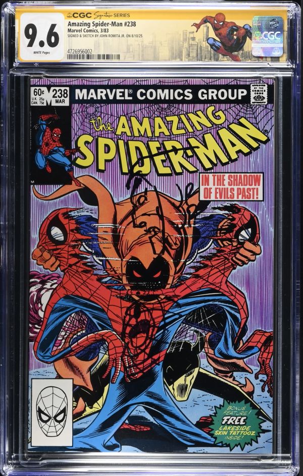 Image for Amazing Spider-Man #238 | CGC 9.6 | Signature SeriesCGC Signature Series witnessed the John Romita Jr. signing on 8/10/25.spine stress lines spineSIGNED & SKETCH BY JOHN ROMITA JR. ON 8/10/251st appearance of the Hobgoblin.Manufactured with "Tattooz"insert & sample.Roger Stern storyJohn Romita Sr. & Jr. cover & art