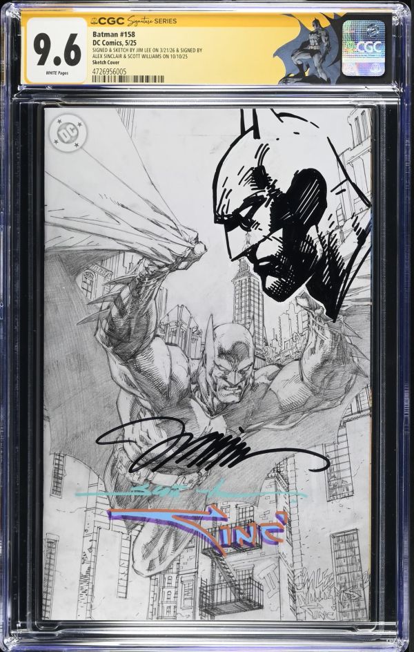 Image for Batman #158 | Sketch Cover | CGC 9.6 | Signature SeriesCGC Signature Series witnessed the Alex Sinclair signing on 10/10/25.CGC Signature Series witnessed the Jim Lee signing on 3/21/26.CGC Signature Series witnessed the Scott Williams signing on 10/10/25.spine stress lines back coverSIGNED & SKETCH BY JIM LEE ON 3/21/26 & SIGNED BYALEX SINCLAIR & SCOTT WILLIAMS ON 10/10/25Batman #923Jeph Loeb storyJim Lee & Scott Williams cover & art