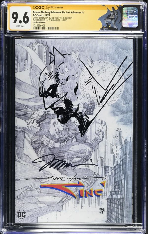 Image for Batman The Long Halloween: The Last Halloween #1 | Lee Sketch Cover | CGC 9.6 | Signature SeriesCGC Signature Series witnessed the Alex Sinclair signing on 10/10/25.CGC Signature Series witnessed the Jim Lee signing on 3/21/26.CGC Signature Series witnessed the Scott Williams signing on 10/10/25.spine stress lines front coverSIGNED & SKETCH BY JIM LEE ON 3/21/26 & SIGNED BYALEX SINCLAIR & SCOTT WILLIAMS ON 10/10/25Jeph Loeb storyEduardo Risso artJim Lee cover