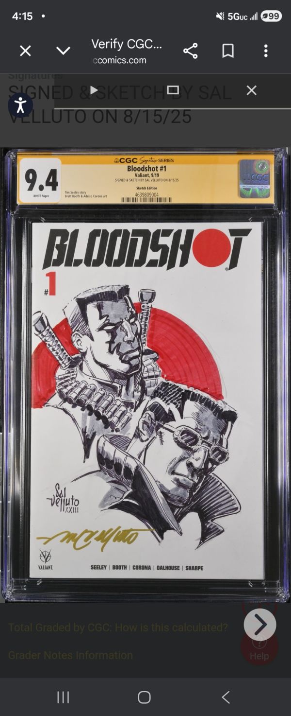 Image for BLOODSHOT #1 (2019) CGC 9.4 SS – CUSTOM SKETCH & SIGNED BY SAL VELLUTO (WITH COLOR)​Body:​Check out this killer Bloodshot piece! This is a CGC 9.4 Signature Series copy of the Bloodshot  by Sal Velluto 