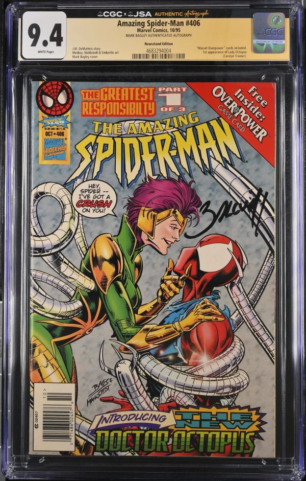 Image for Amazing Spider-Man #406 | CGC 9.4 | CGCxJSAMark Bagley autograph deemed authentic by JSA.very light spine stress linesvery light wear right top of front coverMARK BAGLEY AUTHENTICATED AUTOGRAPH"Marvel Overpower" cards included.1st appearance of Lady Octopus(Carolyn Trainer).J.M. DeMatteis storyMedina, Mahlstedt & Emberlin artMark Bagley cover