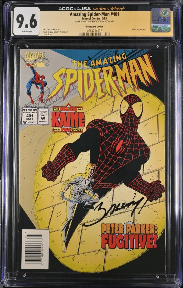 Image for Amazing Spider-Man #401 | CGC 9.6 | CGCxJSAMark Bagley autograph deemed authentic by JSA.very light spine stress linesMARK BAGLEY AUTHENTICATED AUTOGRAPHKaine appearance.J.M. DeMatteis storyMark Bagley & Larry Mahlstedtcover & art