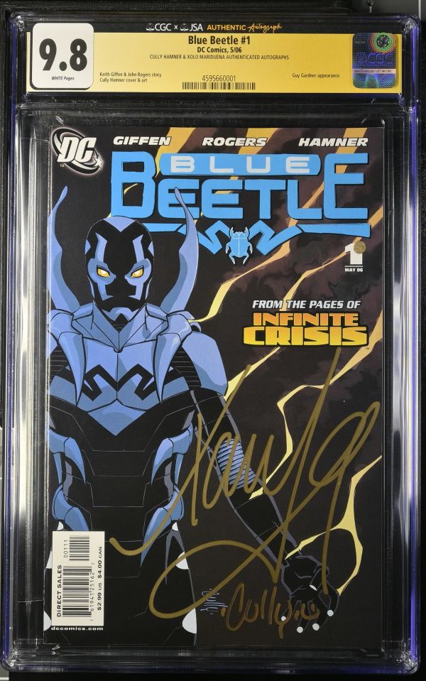Image for Blue Beetle #1 | CGC 9.8 | CGCxJSACully Hamner autograph deemed authentic by JSA.Xolo Mariduena autograph deemed authentic by JSA.CULLY HAMNER & XOLO MARIDUENA AUTHENTICATED AUTOGRAPHSGuy Gardner appearance.Keith Giffen & John Rogers storyCully Hamner cover & art