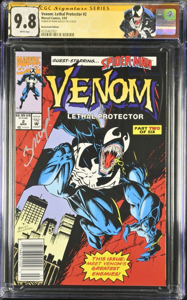 Image for Venom: Lethal Protector #2 | CGC 9.8 | Signature SeriesCGC Signature Series witnessed the Mark Bagley signing on 12/6/24.SIGNED BY MARK BAGLEY ON 12/6/24Spider-Man appearance.David Michelinie storyBagley, de la Rosa & Milgrom artMark Bagley & Sam de la Rosa cover
