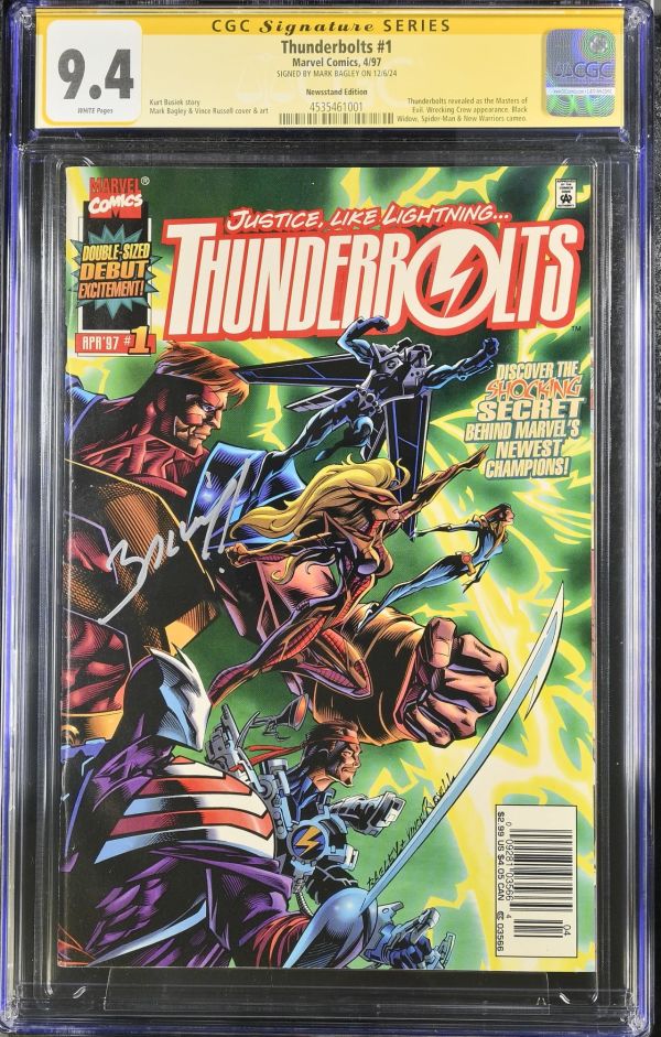 Image for Thunderbolts #1 | CGC 9.4 | Signature SeriesCGC Signature Series witnessed the Mark Bagley signing on 12/6/24.spine stress lines spineSIGNED BY MARK BAGLEY ON 12/6/24Thunderbolts revealed as the Masters ofEvil. Wrecking Crew appearance. BlackWidow, Spider-Man & New Warriors cameo.Kurt Busiek storyMark Bagley & Vince Russell cover & art