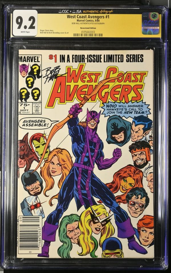 Image for West Coast Avengers #1 | CGC 9.2 | CGCxJSABob Hall autograph deemed authentic by JSA.spine stress lines covercrease top of back coverBOB HALL AUTHENTICATED AUTOGRAPHRoger Stern storyBob Hall & Brett Breeding cover & art