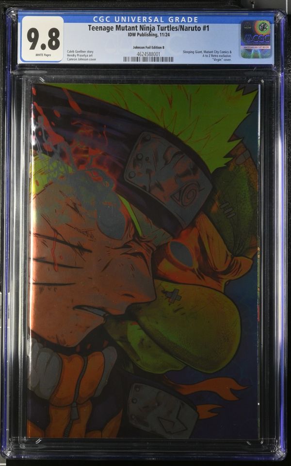 Image for Teenage Mutant Ninja Turtles/Naruto #1 | Johnson Foil Edition B | CGC 9.8 | UniversalSleeping Giant, Mutant City Comics &A to Z Retro exclusive."Virgin" cover.Caleb Goellner storyHendry Prasetya artCamron Johnson cover