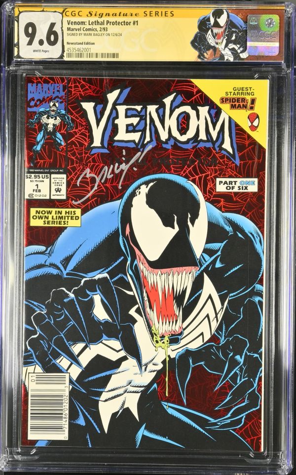 Image for Venom: Lethal Protector #1 | CGC 9.6 | Signature SeriesCGC Signature Series witnessed the Mark Bagley signing on 12/6/24.SIGNED BY MARK BAGLEY ON 12/6/241st Venom in his own title.Spider-Man appearance.Red holo-grafx foil cover.David Michelinie storyBagley, de la Rosa & Milgrom artMark Bagley & Sam de la Rosa cover