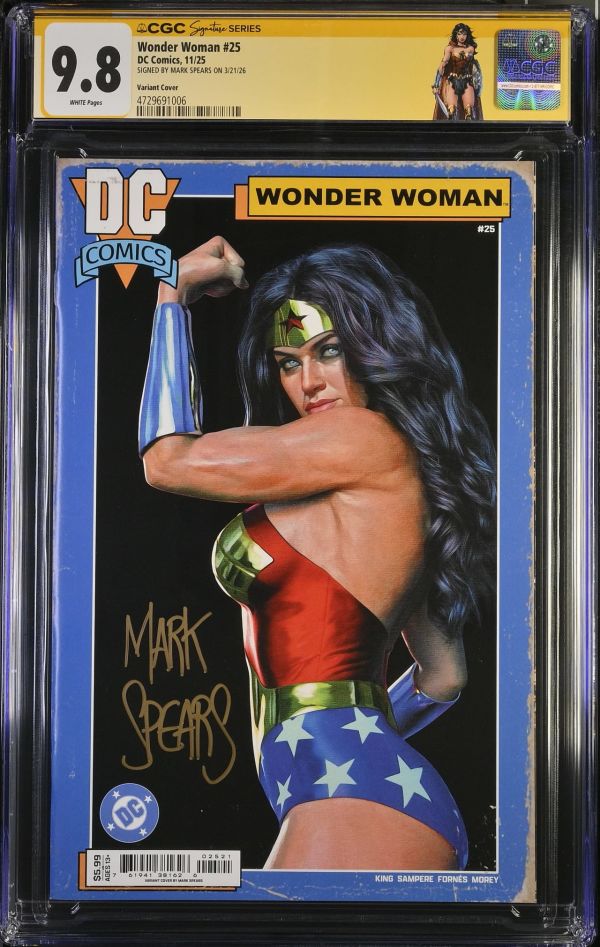 Image for Wonder Woman #25 | Variant Cover | CGC 9.8 | Signature SeriesCGC Signature Series witnessed the Mark Spears signing on 3/21/26.SIGNED BY MARK SPEARS ON 3/21/26Wonder Woman #825"Vintage" cover.Tom King storyDaniel Sampere & Jorge Forn�s artMark Spears cover