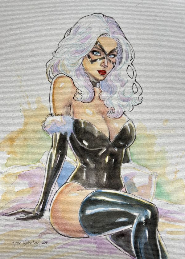 Image for Black Cat Watercolor Pin Up 9x12
