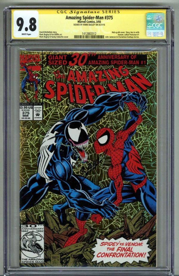Image for AMAZING SPIDER MAN #375 CGC 9.8 SS SIGNED MARK BAGLEY GOLD HOLO-GRAFX VENOM RARE