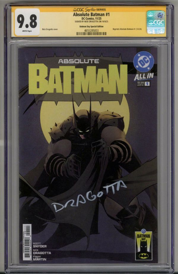 Image for ABSOLUTE BATMAN #1 CGC 9.8 SS SIGNED NICK DRAGOTTA BATMAN DAY SPECIAL POP 4 RARE