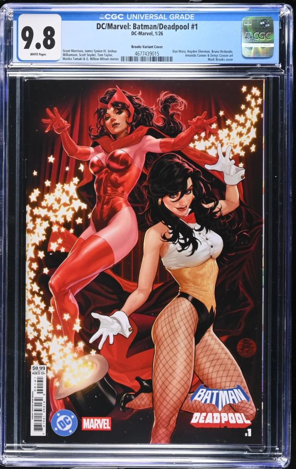 Image for DC/Marvel: Batman/Deadpool #1 | Brooks Variant Cover | CGC 9.8 | UniversalDan Mora, Hayden Sherman, Bruno Redondo,Amanda Conner & Denys Cowan artMark Brooks coverGrant Morrison, James Tynion IV, JoshuaWilliamson, Scott Snyder, Tom Taylor,Mariko Tamaki & G. Willow Wilson stories