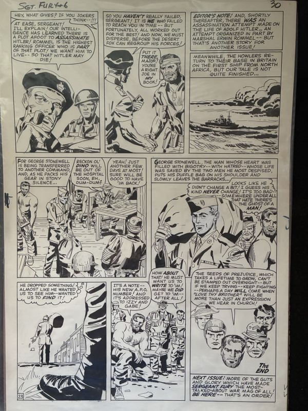 Image for 1964 Twice-Up Silver Age Kirby page…. Sgt. Fury and his Howling Commandos issue 6 page 23 (last page of issue)! Pencils by Jack Kirby !! Inks by Geo Bell (George Roussos). Art measures 14x21 inches! Features Nick Fury and his whole crew!