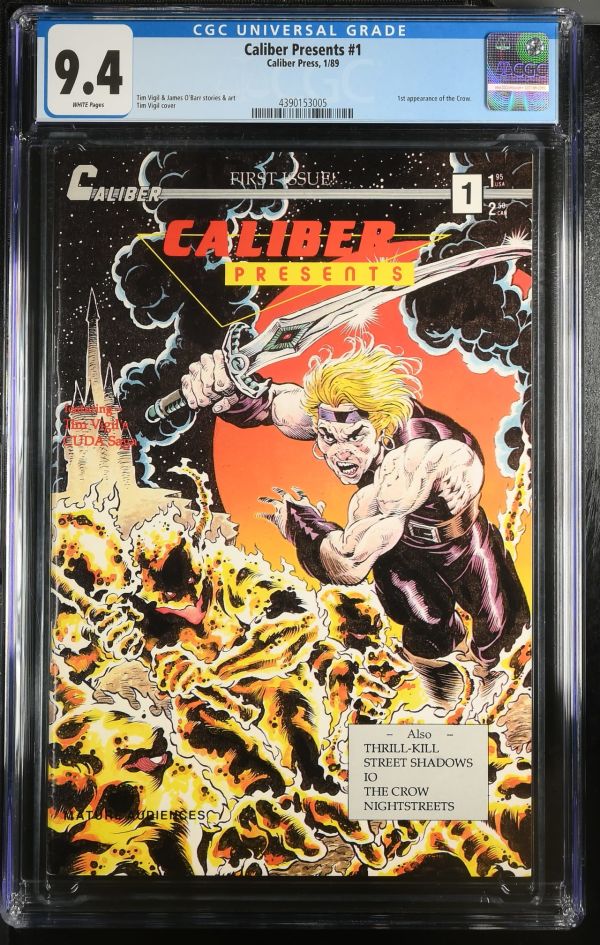 Image for Caliber Presents #1 | CGC 9.4 | Universalvery light spine stress lines to coververy small crease right top of front coverlight bends to cover1st appearance of the Crow.Tim Vigil & James O'Barr stories & artTim Vigil cover