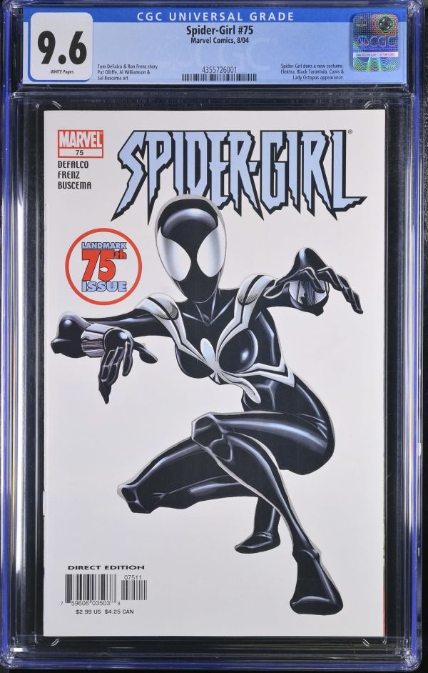 Image for Spider-Girl #75 | CGC 9.6 | UniversalSpider-Girl dons a new costume.Elektra, Black Tarantula, Canis &Lady Octopus appearance.Tom DeFalco & Ron Frenz storyPat Olliffe, Al Williamson &Sal Buscema art