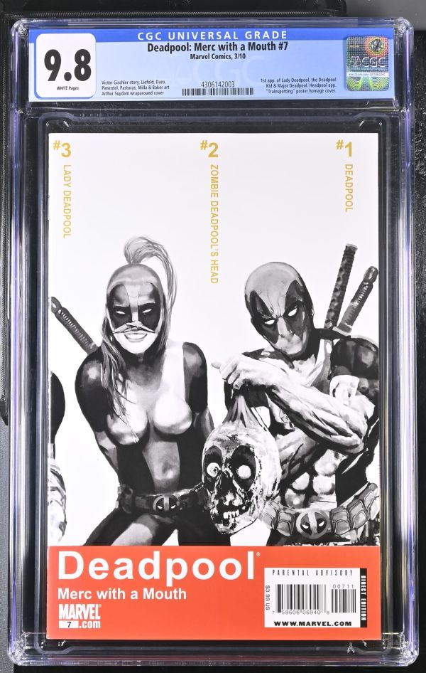 Image for Deadpool: Merc with a Mouth #7 | CGC 9.8 | Universal1st app. of Lady Deadpool, the DeadpoolKid & Major Deadpool. Headpool app."Trainspotting" poster homage cover.Victor Gischler story, Liefeld, Dazo,Pimentel, Pastoras, Milla & Baker artArthur Suydam wraparound cover