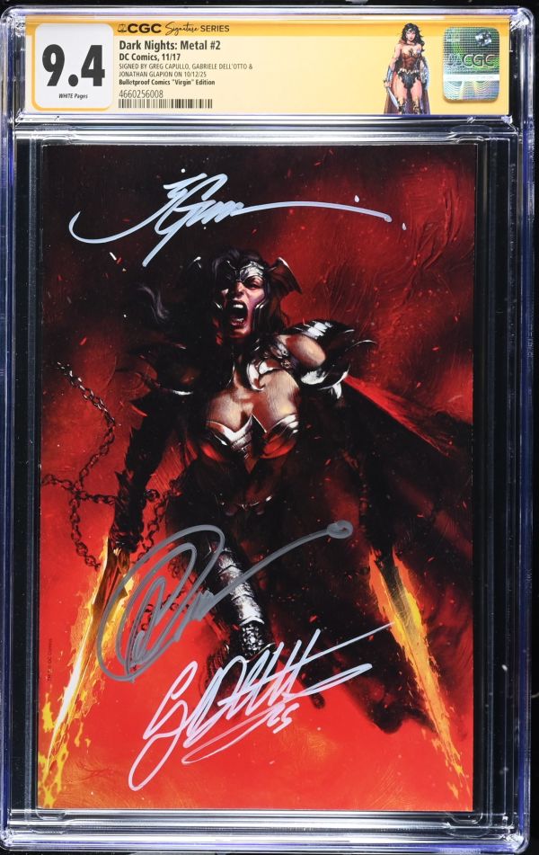 Image for Dark Nights: Metal #2 | Bulletproof Comics "Virgin" Edition | CGC 9.4 | Signature SeriesCGC Signature Series witnessed the Greg Capullo signing on 10/12/25.CGC Signature Series witnessed the Jonathan Glapion signing on 10/12/25.CGC Signature Series witnessed the Gabriele Dell'Otto signing on 10/12/25.SIGNED BY GREG CAPULLO, GABRIELE DELL'OTTO &JONATHAN GLAPION ON 10/12/251st appearance of The BatmanWho Laughs in cameo on last page.Scott Snyder storyGreg Capullo & Jonathan Glapion artGabriele Dell'Otto cover