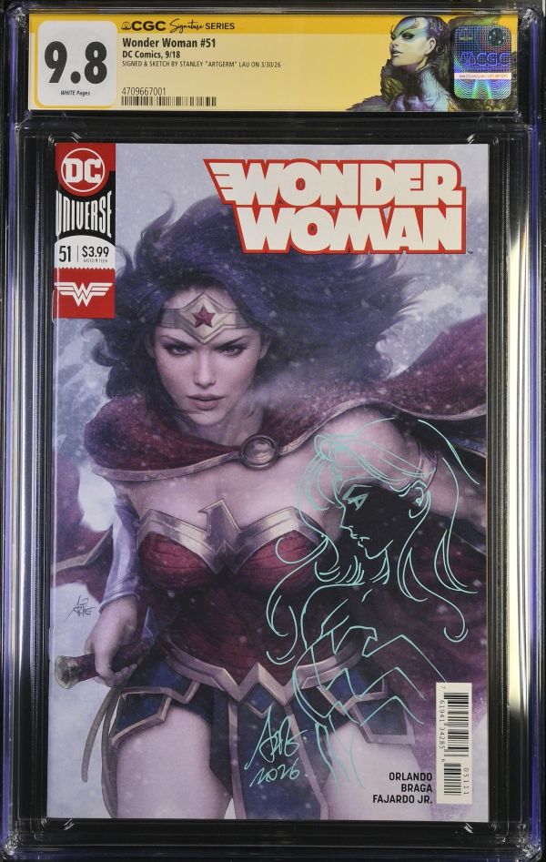Image for Wonder Woman #51 | CGC 9.8 | Signature SeriesSIGNED & SKETCH BY STANLEY "ARTGERM" LAU ON 3/30/26Steve Orlando storyLaura Braga artStanley "Artgerm" Lau cover