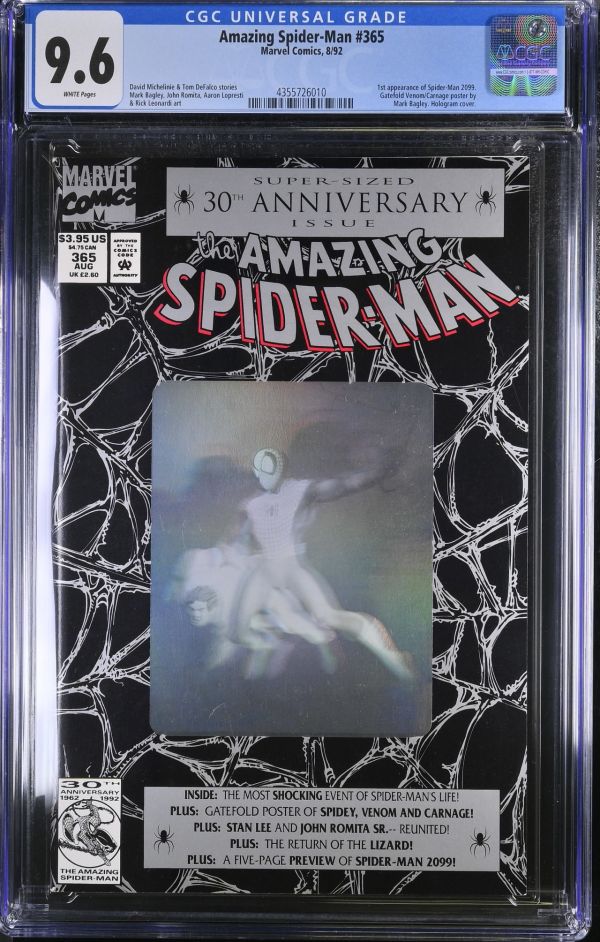Image for Amazing Spider-Man #365 | CGC 9.6 | Universal1st appearance of Spider-Man 2099.Gatefold Venom/Carnage poster byMark Bagley. Hologram cover.David Michelinie & Tom DeFalco storiesMark Bagley, John Romita, Aaron Lopresti& Rick Leonardi art