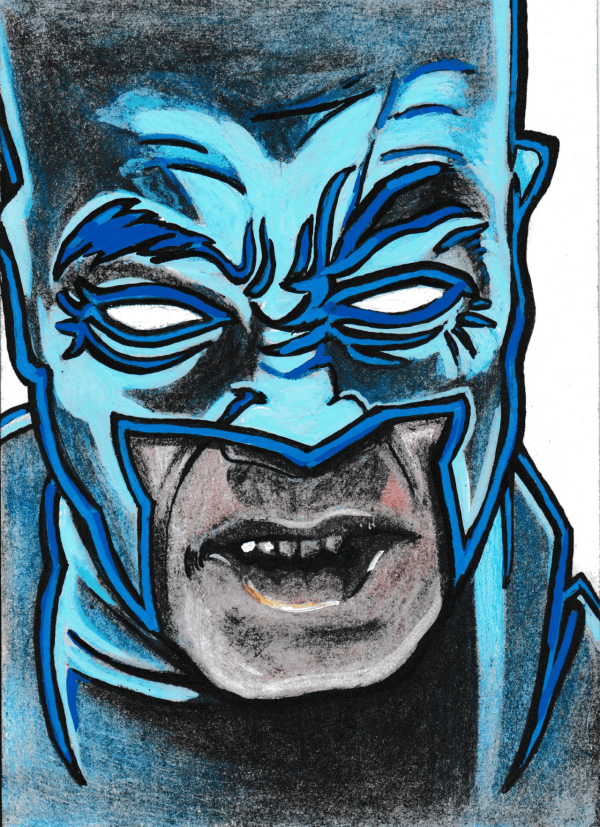Image for "Batzenegger" Sketch card, colored pencils  graphite and acrylic paint.  Schwarzenegger as Batman by Christopher Bendt