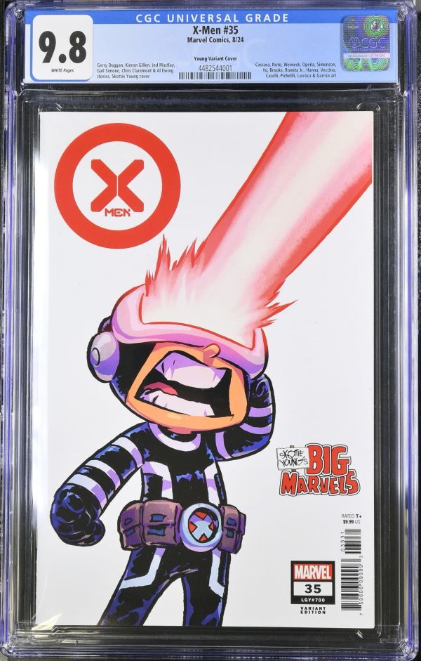 Image for X-Men #35 | Young Variant Cover | CGC 9.8 | UniversalCassara, Noto, Werneck, Opena, Simonson,Yu, Brooks, Romita Jr., Hanna, Vecchio,Caselli, Pichellli, Larroca & Garr�n artGerry Duggan, Kieron Gillen, Jed MacKay,Gail Simone, Chris Claremont & Al Ewingstories, Skottie Young cover