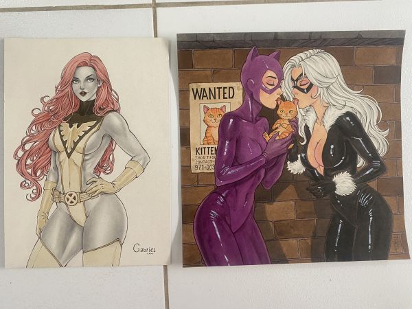 Image for Jean Grey Phoenix by Gabriel ( 8.2”X11.8”)and Catwoman with Black Cat by Théo (11.5”X11.7”)