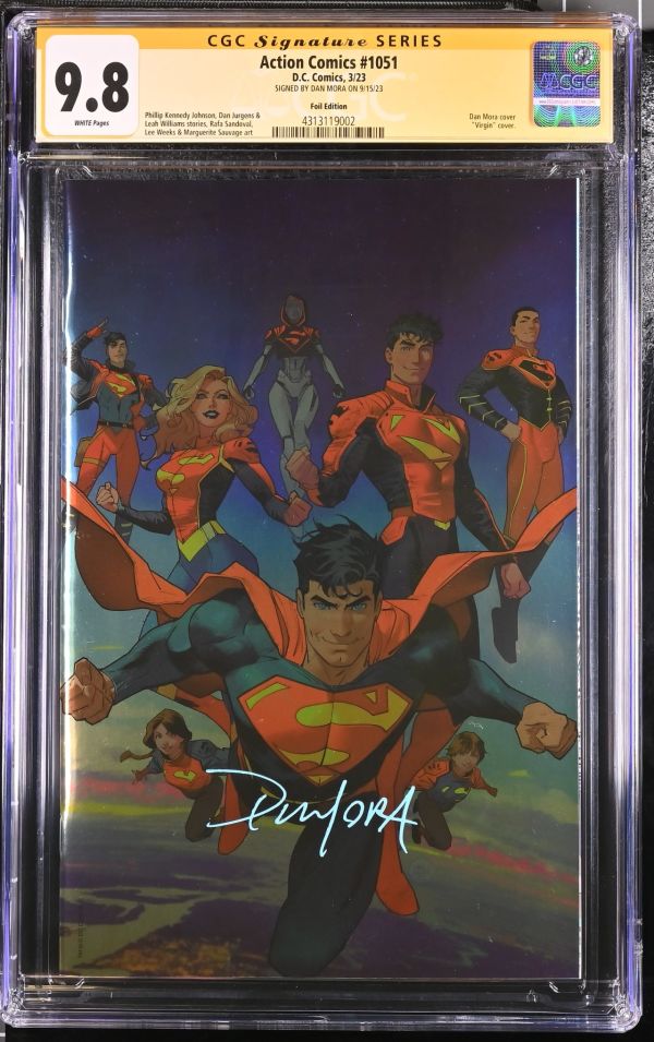 Image for Action Comics #1051 | Foil Edition | CGC 9.8 | Signature SeriesSIGNED BY DAN MORA ON 9/15/23Dan Mora cover"Virgin" cover.Phillip Kennedy Johnson, Dan Jurgens &Leah Williams stories, Rafa Sandoval,Lee Weeks & Marguerite Sauvage art