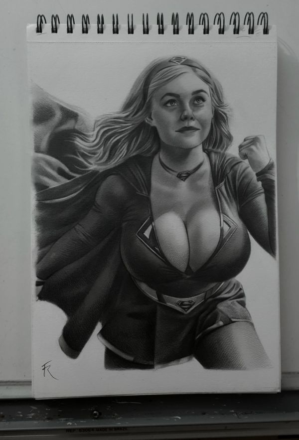 Image for Super girl, drawing made of charcoal and graphite. Size 21 X 29 cm 