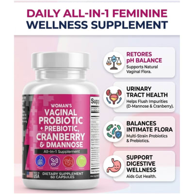Woman's Vaginal Probiotic + Prebiotic, Cranberry & D-Mannose All-in-1 Supplement – 60 Capsules