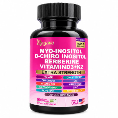 Zoyava Myo-Inositol D-Chiro Inositol Berberine Vitamin D3 K2, 16-In-1 Dietary Supplement (90 Capsules)