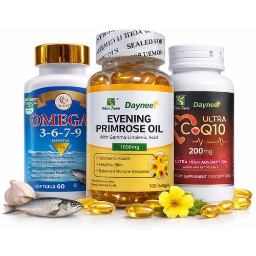 DUOZI Omega 3-6-7-9 Essential Fatty Acids (EFA) + Daynee Evening Primrose Oil With Gamma Linolenic Acid (GLA) 1000mg + Daynee Ultra CoQ10 200mg Combo – Heart, Skin & Women’s Wellness Support
