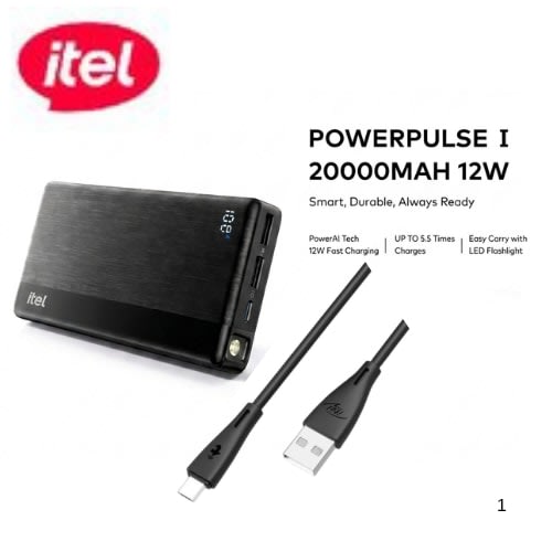 itel PowerPulse 20000mAh Power Bank 12W – Digital Display LED Flashlight + USB-A to Type-C Cable (A1160)