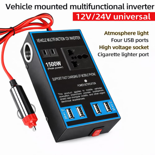 Portable Car Power Inverter 12V/24V (1500W) Universal – Multi-Function Vehicle Converter With 4 USB Ports & AC Outlet