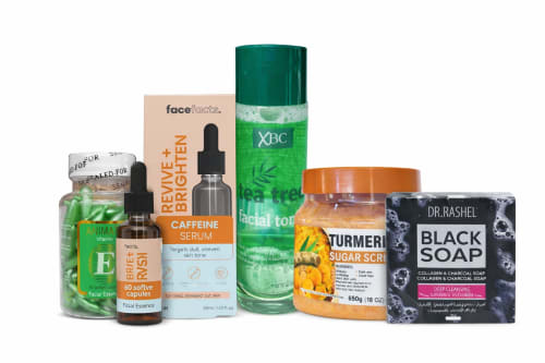 Dr Rashel Black Soap Collagen & Charcoal Bath Soap, Dr. Meinaier Turmeric Sugar Scrub, XBC Tea Tree Facial Toner, Face Facts Revive + Brighten Caffeine Serum, Face Facts Vitamin C Face Cream, Animate Vitamin E Facial Essence Oil (60 Caps)