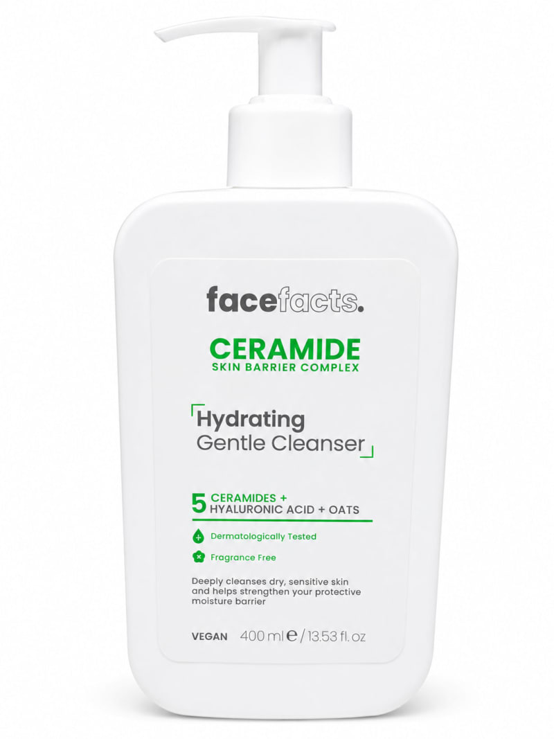 FaceFacts Ceramide Hydrating Gentle Cleanser 400ml – 5 Ceramides + Hyaluronic Acid + Oats, Fragrance Free - Image 1