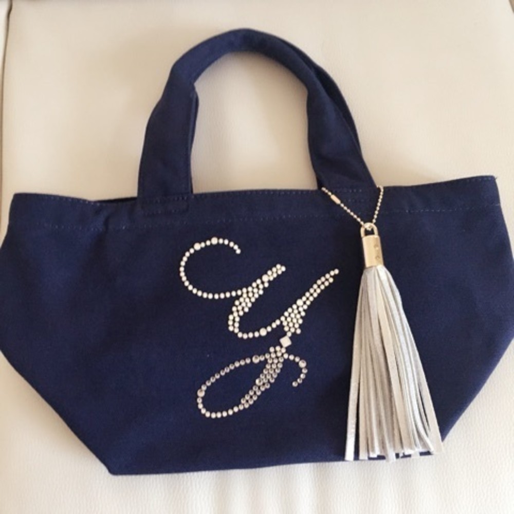 トートバッグ ネイビー イニシャル タッセル付き Jewelna Rose ジュエルナローズ スワロフスキー X タッセル キーホルダー グレーのファッションアイテム Jewelna Roseのイニシャルバッグ Yocco Cbk カブキ