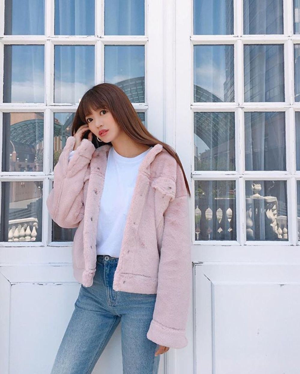 ピンク コート エコファー Vicente（ヴィセンテ） x ホワイト プル  