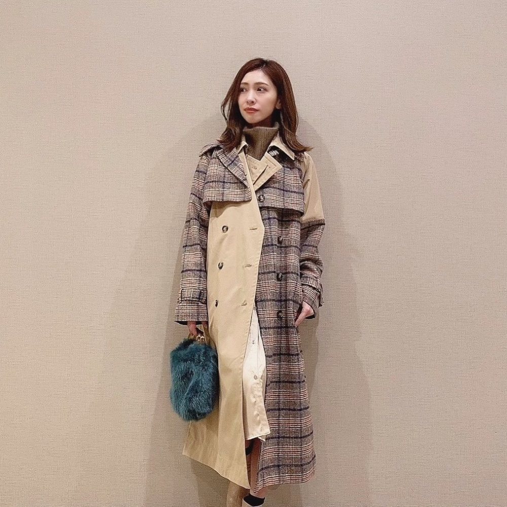 JEENNE チェック柄ファー襟ロングコート Sサイズ　ウエストリボン無し JEENNE チェック柄ファー襟ロングコート Sサイズ ウエストリボン無し