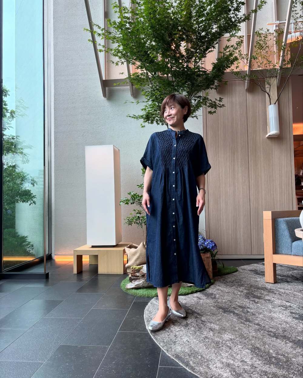 半袖 ロング ロイヤルブルー シャツワンピース バンドカラーの