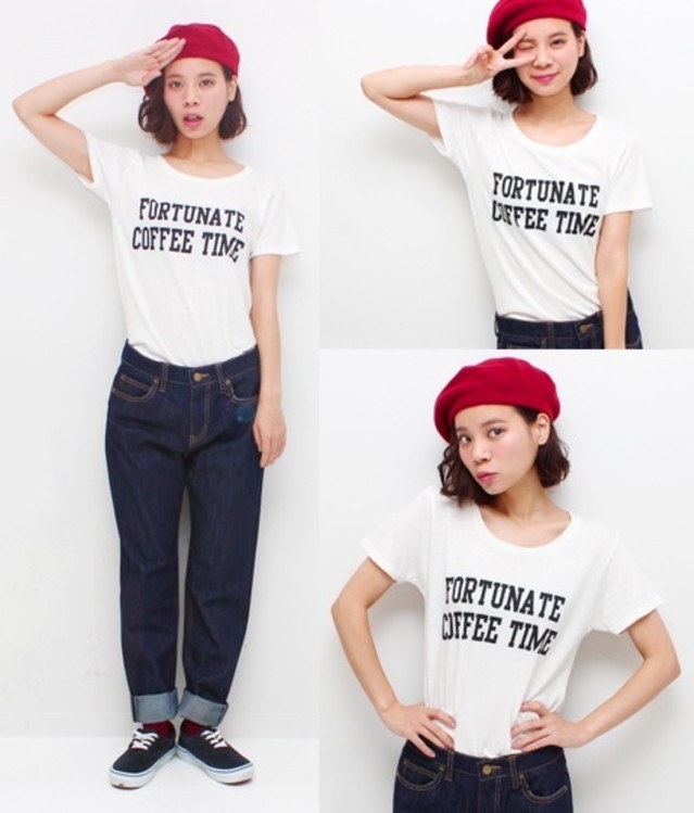 ホワイト Tシャツ 半袖 英字 X デニム パンツ X ボルドー ニット ベレー帽のコーディネート カジュアルコーデには赤のベレー帽をプラスで女の子らしさ おしゃれ感をアピール Cbk カブキ