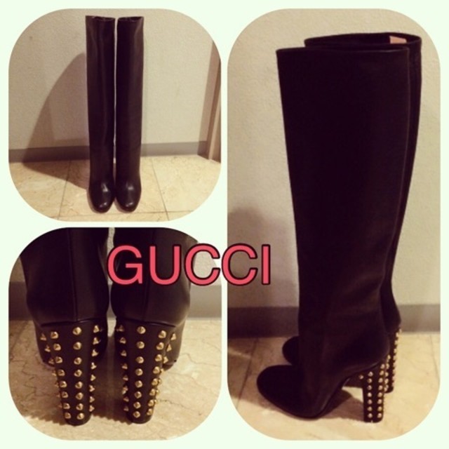 GUCCI グッチ スタッズ ハイヒール ロングブーツ ブラック 36 23cm ブラック ヒール 無地 ゴールド ロングブーツ スタッズ GUCCI（グッチ