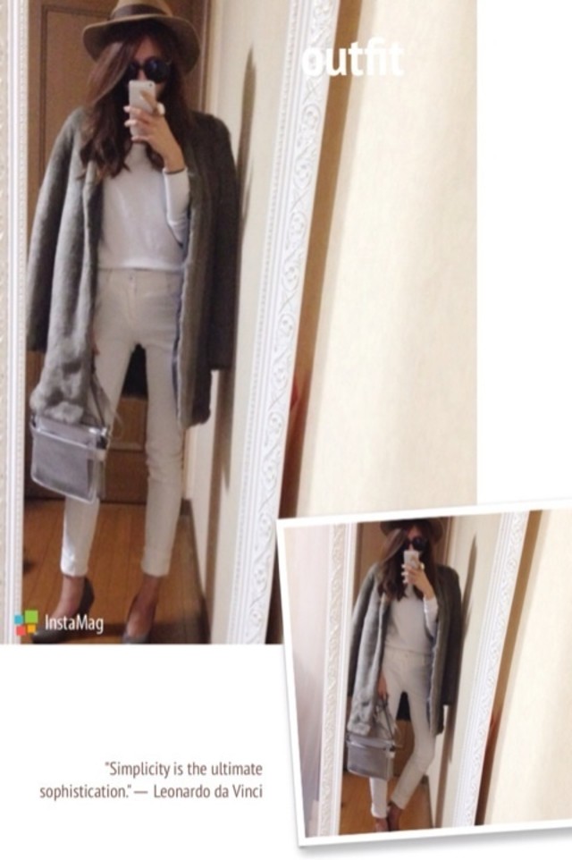 ファーコート ロングコート Emoda エモダ X ニット セーター プルオーバー ホワイト X サブリナ クロップドパンツ スキニー パンツ ホワイト X ヒールパンプス ラウンドトゥ パンプス グレーのコーディネート ロングファーコート Cbk カブキ