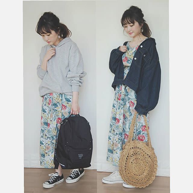 花柄 ワンピース グリーン Coca コカ X Gu ジーユー グレー パーカー X Marimekko マリメッコ ブラック リュック X Converse コンバース ブラック スニーカー X Mystic ミスティック インディゴブルー デニムジャケット X Lowrys Farm ローリーズファーム