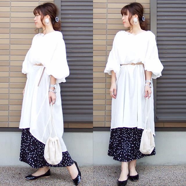 ワンピース×スカートの重ね着コーデに細ベルトをプラス